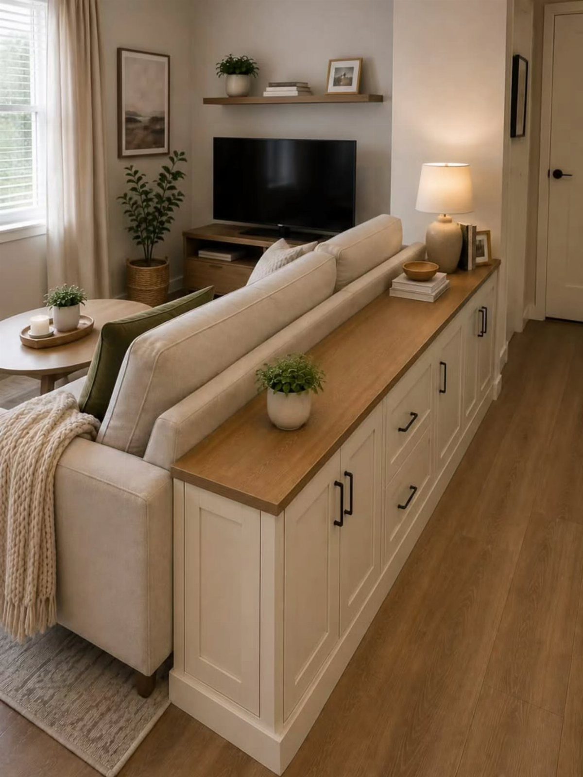 White built-in cabinets with a wood top behind a beige living room sofa.