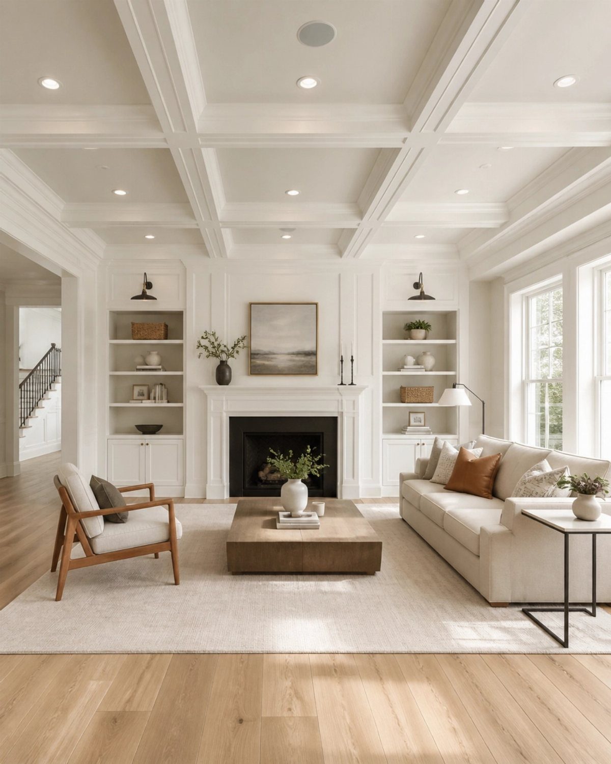 White built-in bookshelves with crown molding flanking a central white fireplace.