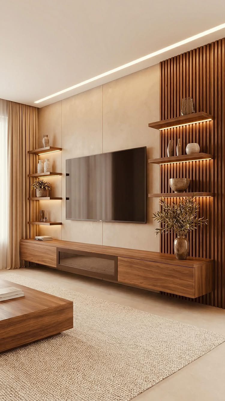 Floating wooden shelves with integrated lighting flanking a wall-mounted television and console.