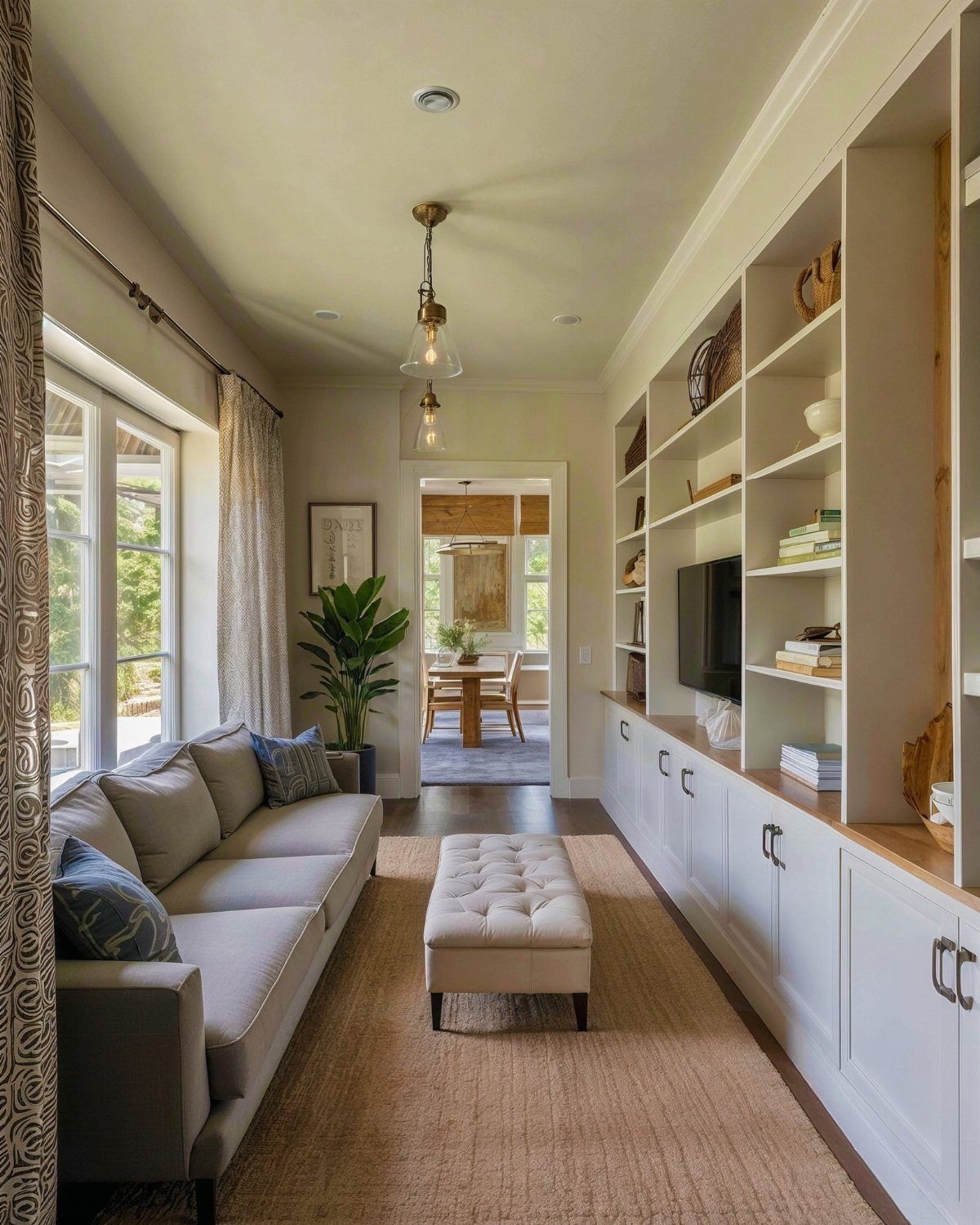 White built-in shelving and cabinets lining a narrow living room with a grey sofa.