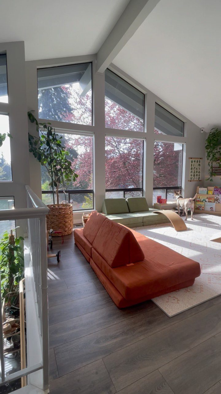 Orange and green sofas in a bright living room with large windows and plants.