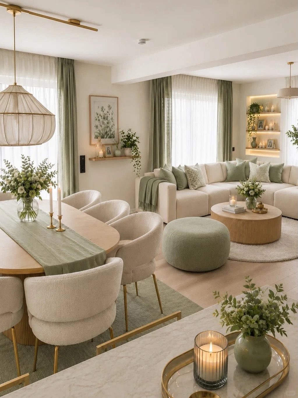 Modern living room with white furniture and soft mint green accents on textiles.