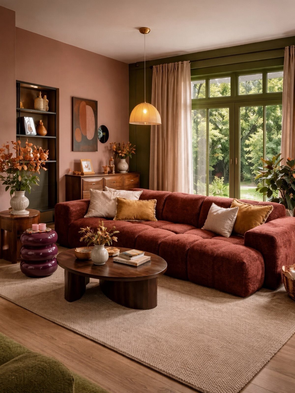 Living room with dusty pink walls, reddish-brown velvet sofa, and dark wood furniture.