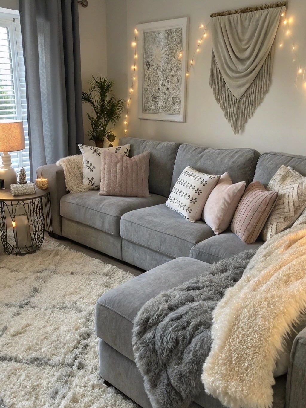 Grey sectional sofa with pink pillows and a white shag rug in a living room.