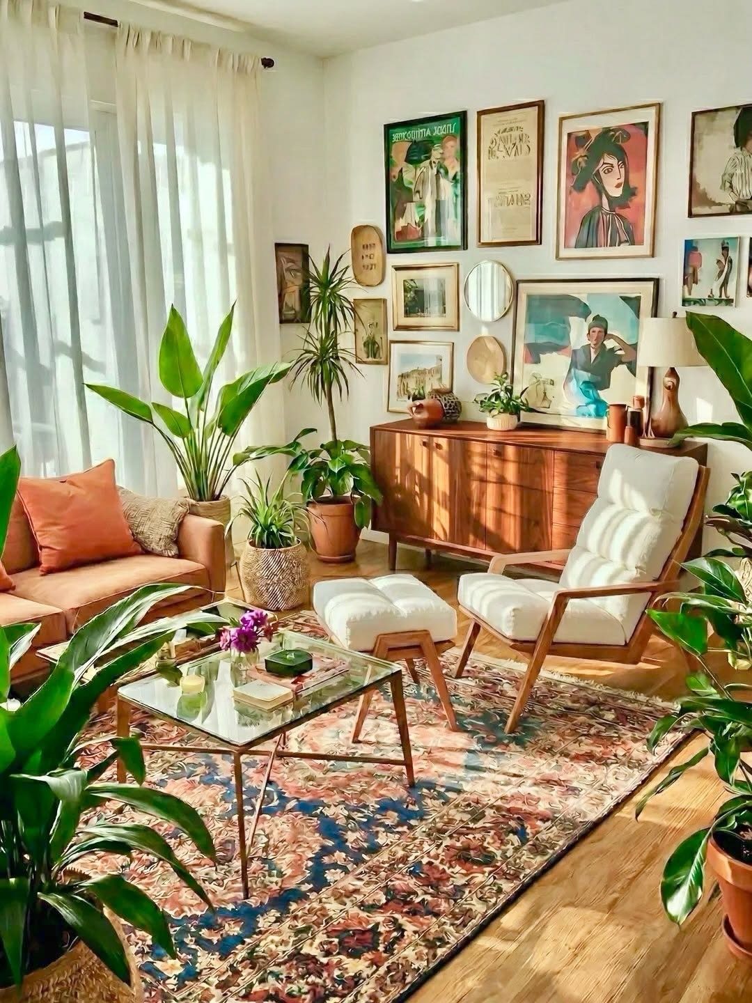 Bright living room with many green potted plants, colorful rug, and wooden furniture.