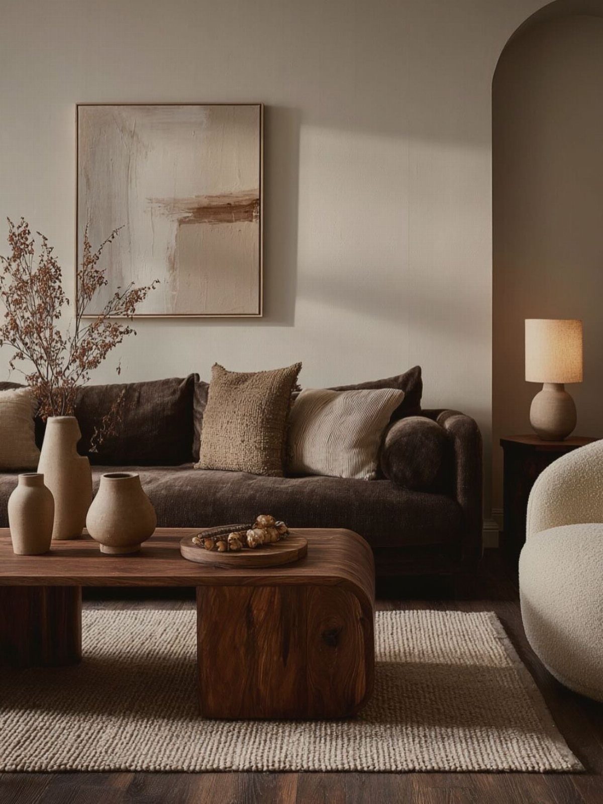 Dark brown sofa with neutral pillows and wooden coffee table in a moody room