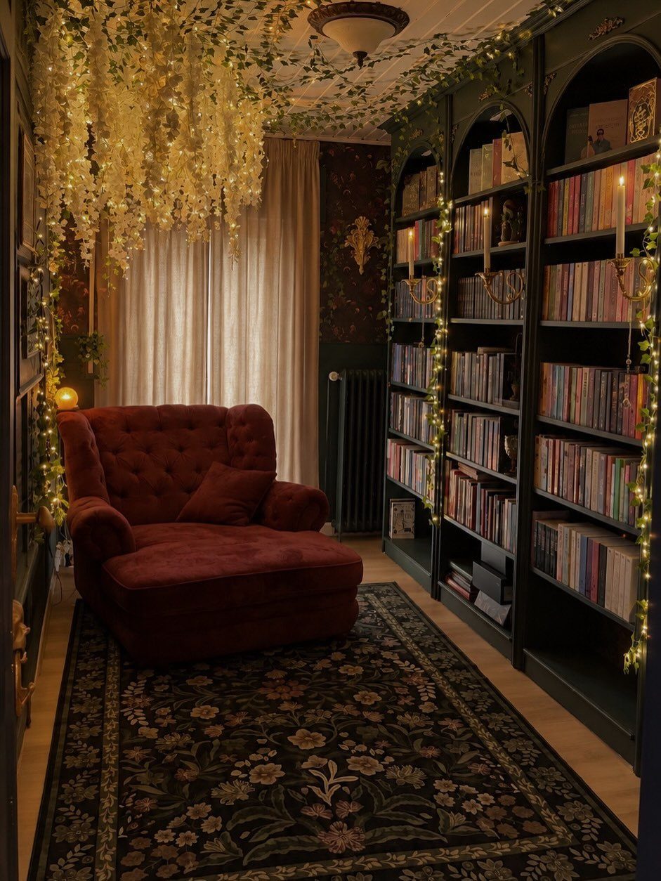 Deep red tufted armchair next to dark green bookshelves in a moody library