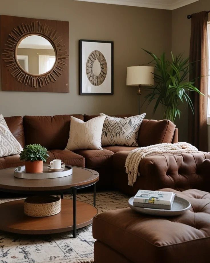 Brown leather sectional couch in a taupe living room with wooden coffee table