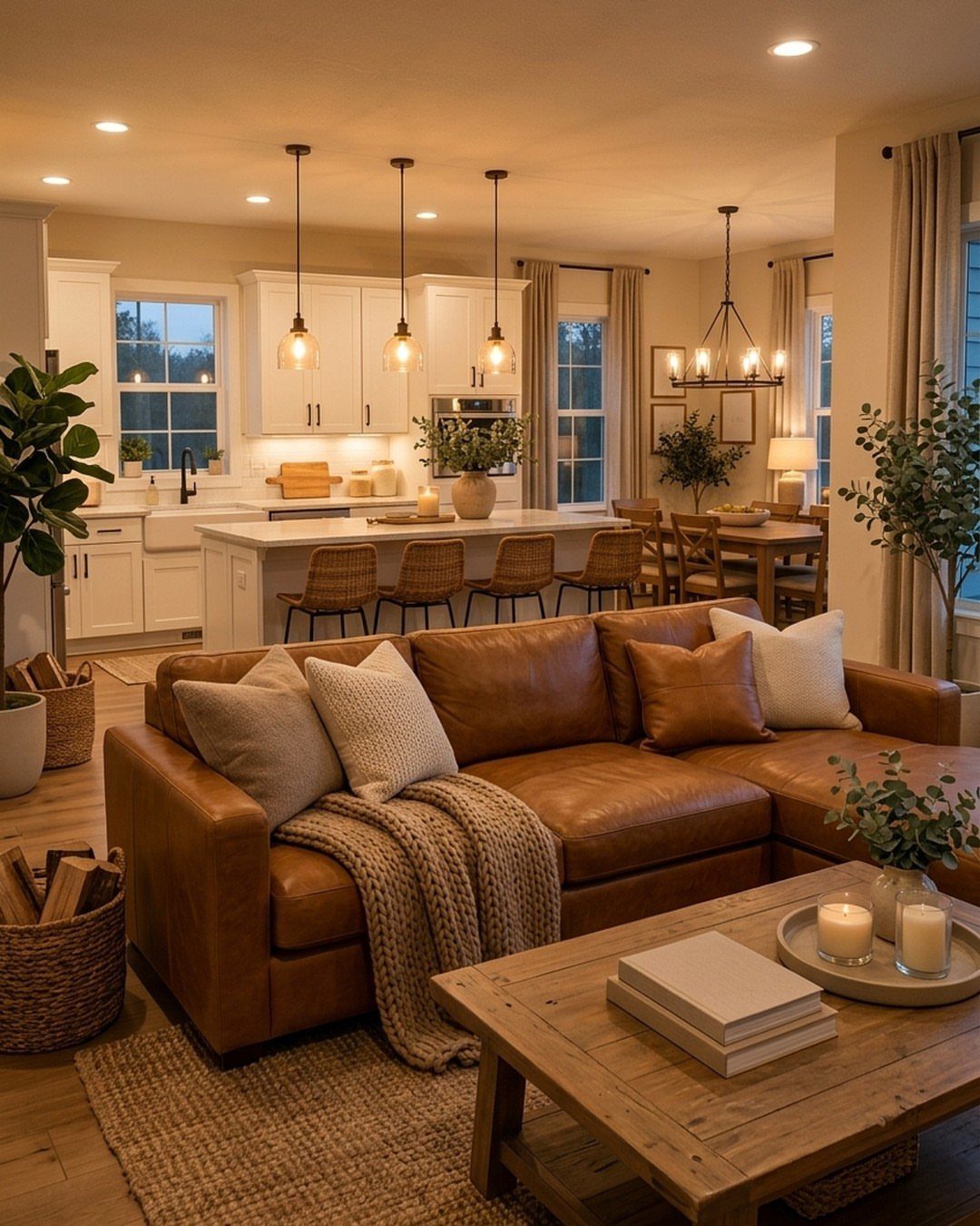 Light brown leather sectional sofa in a bright, open-concept living room with wooden furniture.