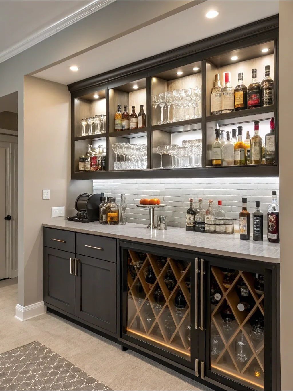 Built-in home bar with dark cabinetry, illuminated liquor shelves, and a wine cooler.