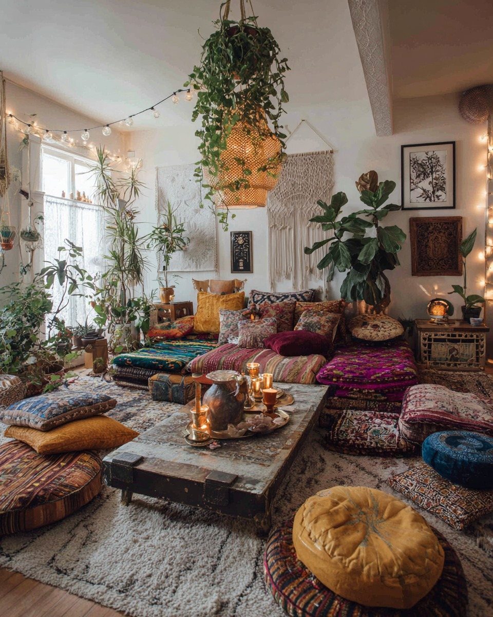Bohemian reading nook with colorful floor cushions, low table, and many indoor plants.