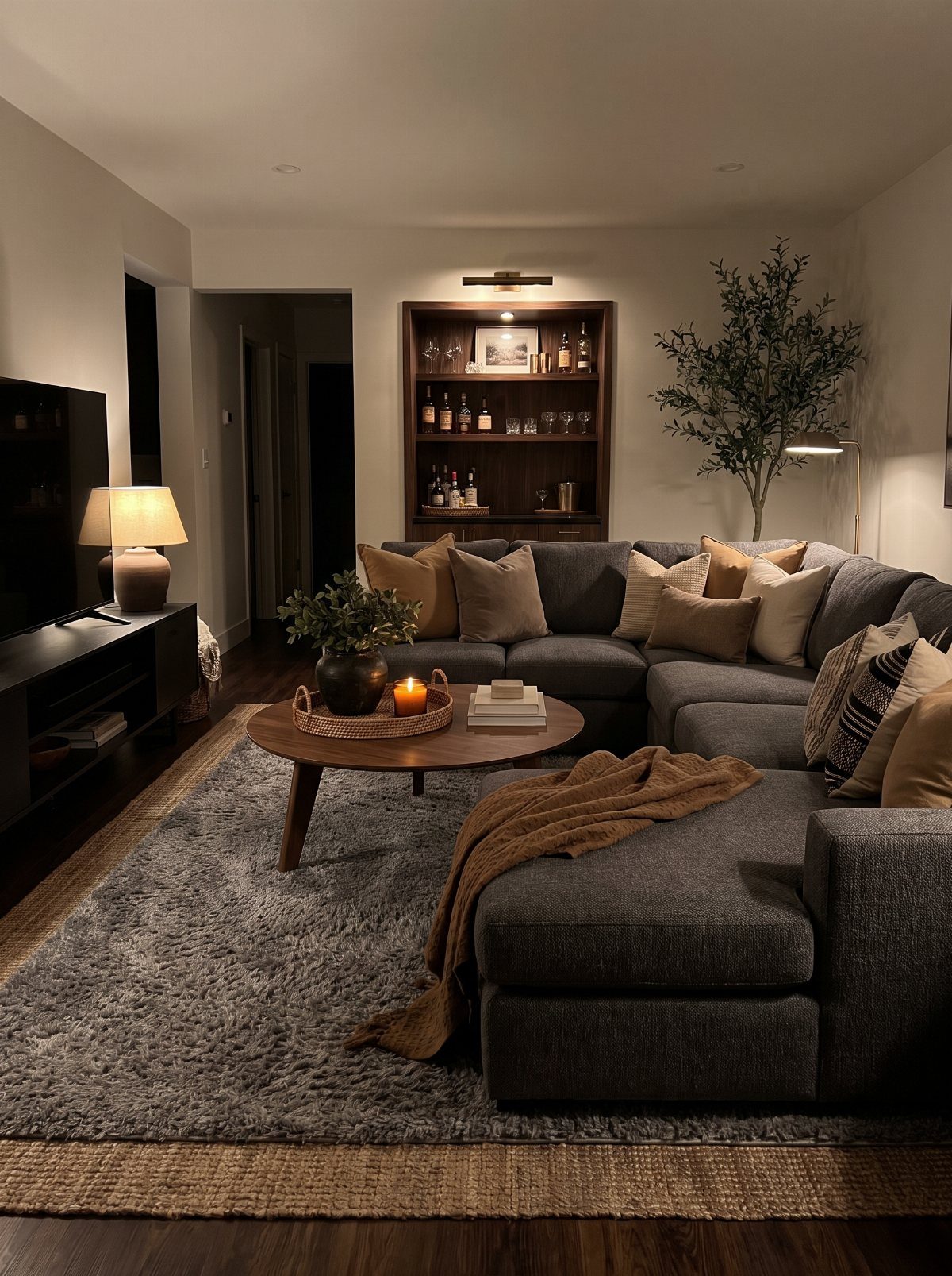 Dark grey sectional sofa in a cozy living room with layered rugs and plants.