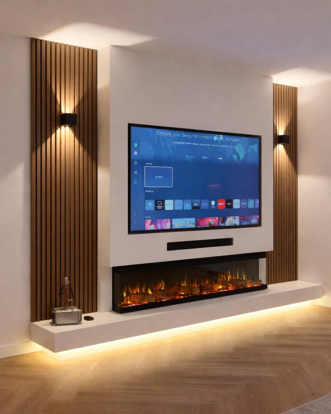 Linear electric fireplace under a large TV on a white wall with wooden slats.