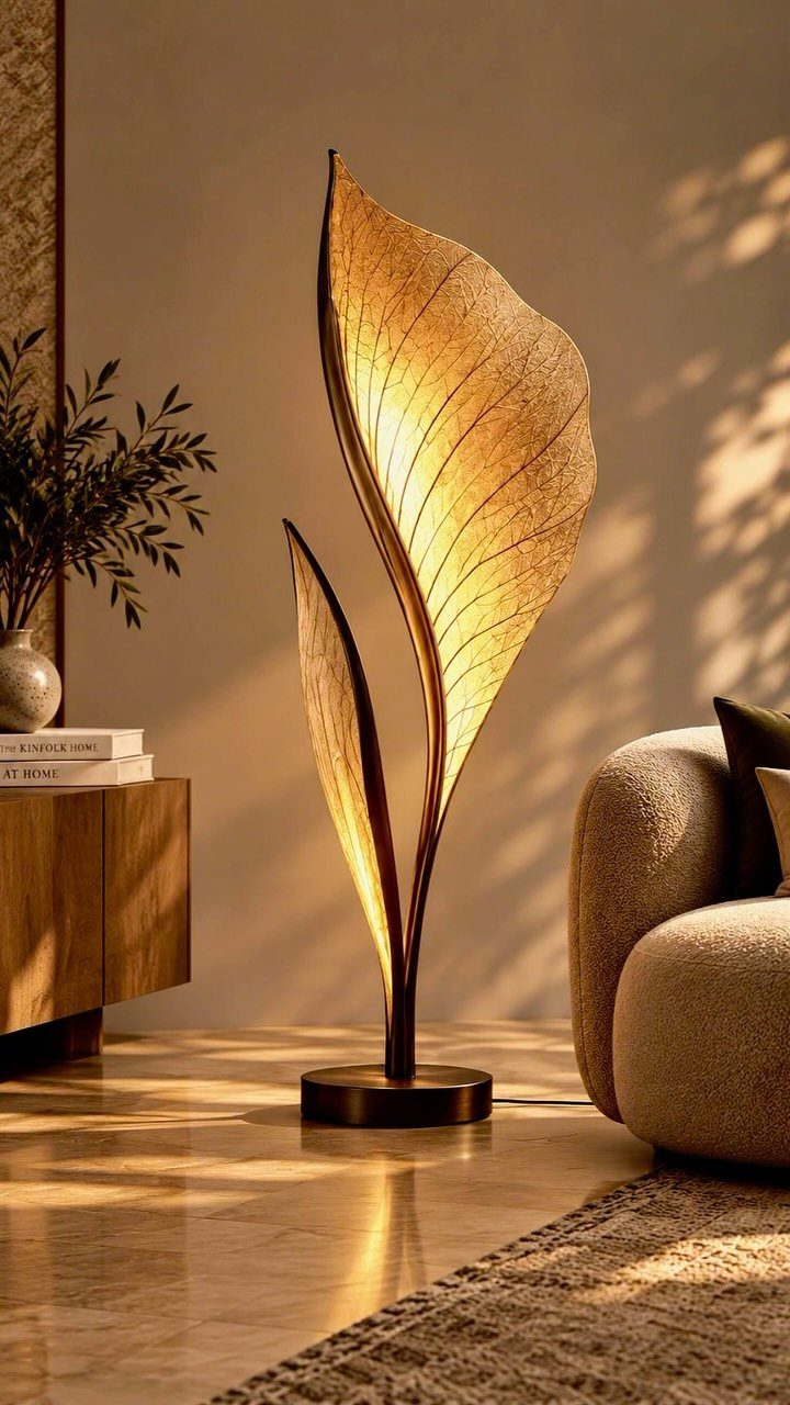 Leaf-shaped floor lamp glowing warmly in a cozy, modern living room setting.