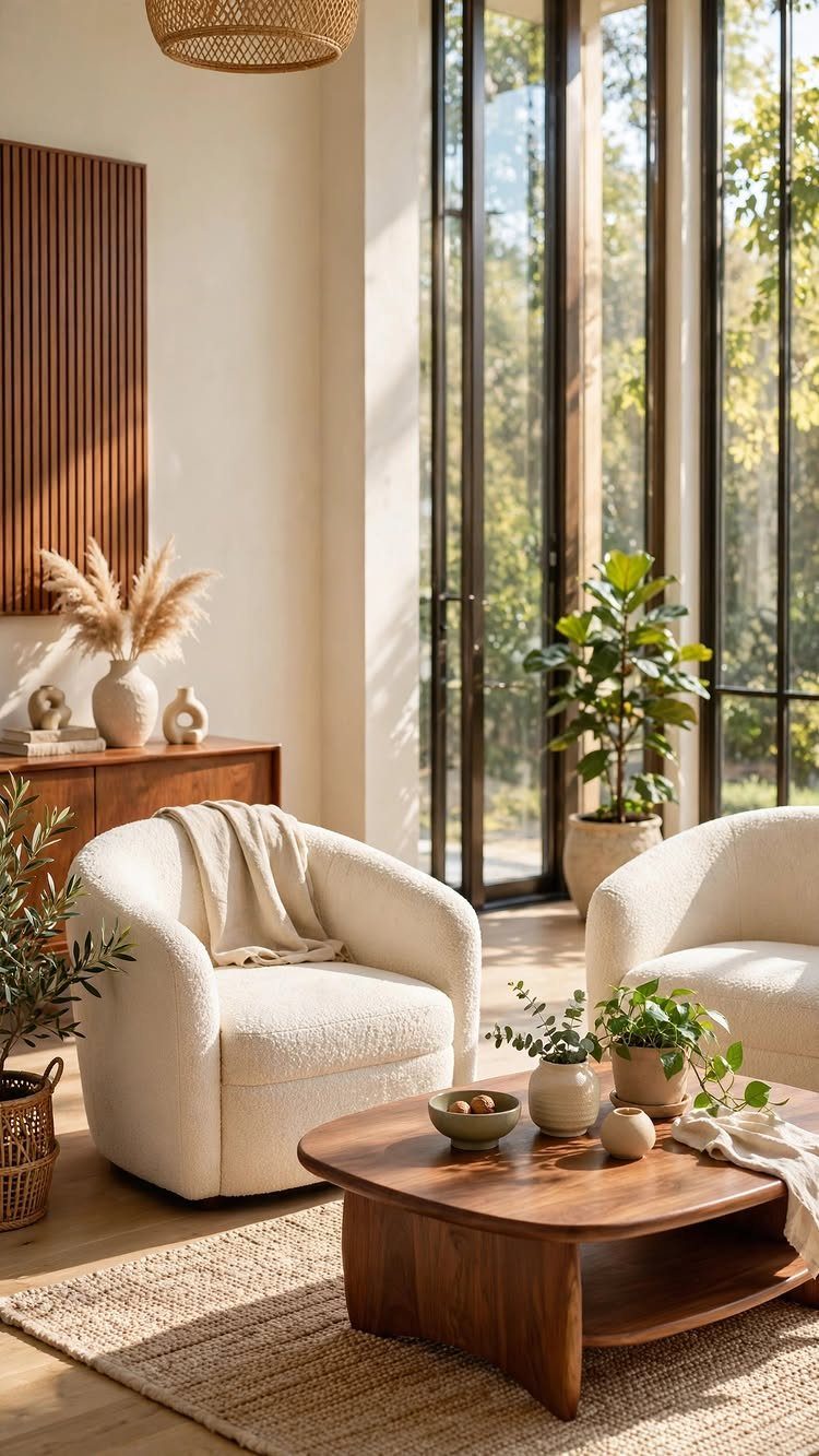 Large black-framed windows illuminating a cozy living room with white armchairs and wooden furniture.