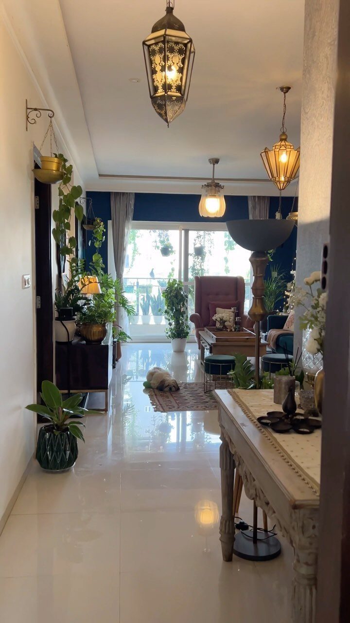 Living room interior with hanging lanterns and several tall green indoor plants.