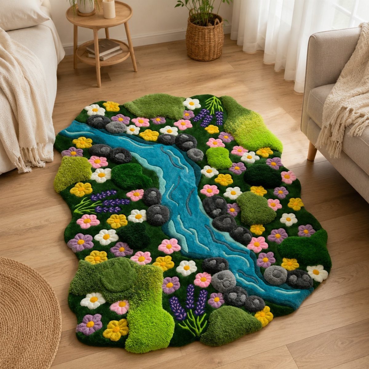 Colorful 3D tufted landscape rug with a blue river on light wood flooring.