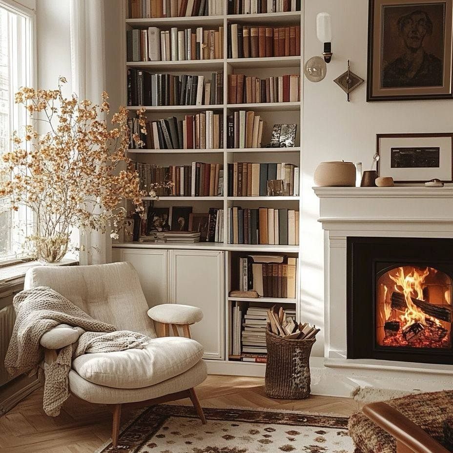 Cream armchair with a blanket next to a bookshelf and glowing fireplace.