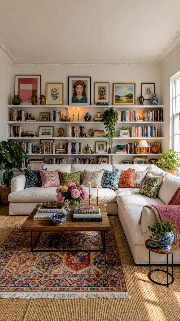 Cozy living room with white sectional, patterned rug, and bookshelves filled with art.