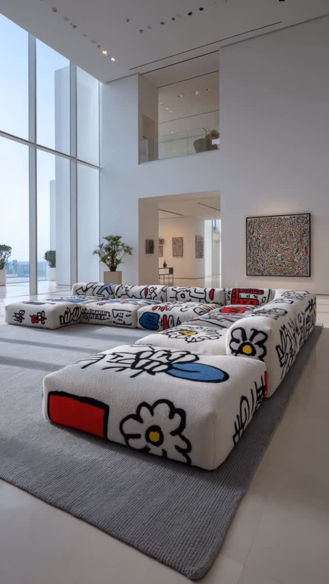 Modular white sofa with colorful cartoon patterns in a bright modern living room