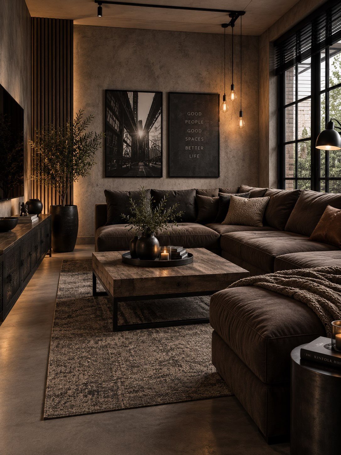 Industrial pendant lights hanging over a brown sectional sofa in a moody living room