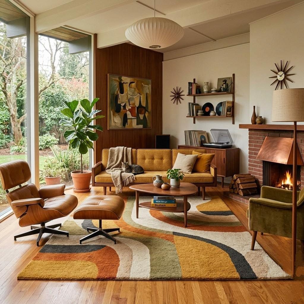 Mid-century modern living room with mustard sofa, leather lounge chair, and geometric rug.