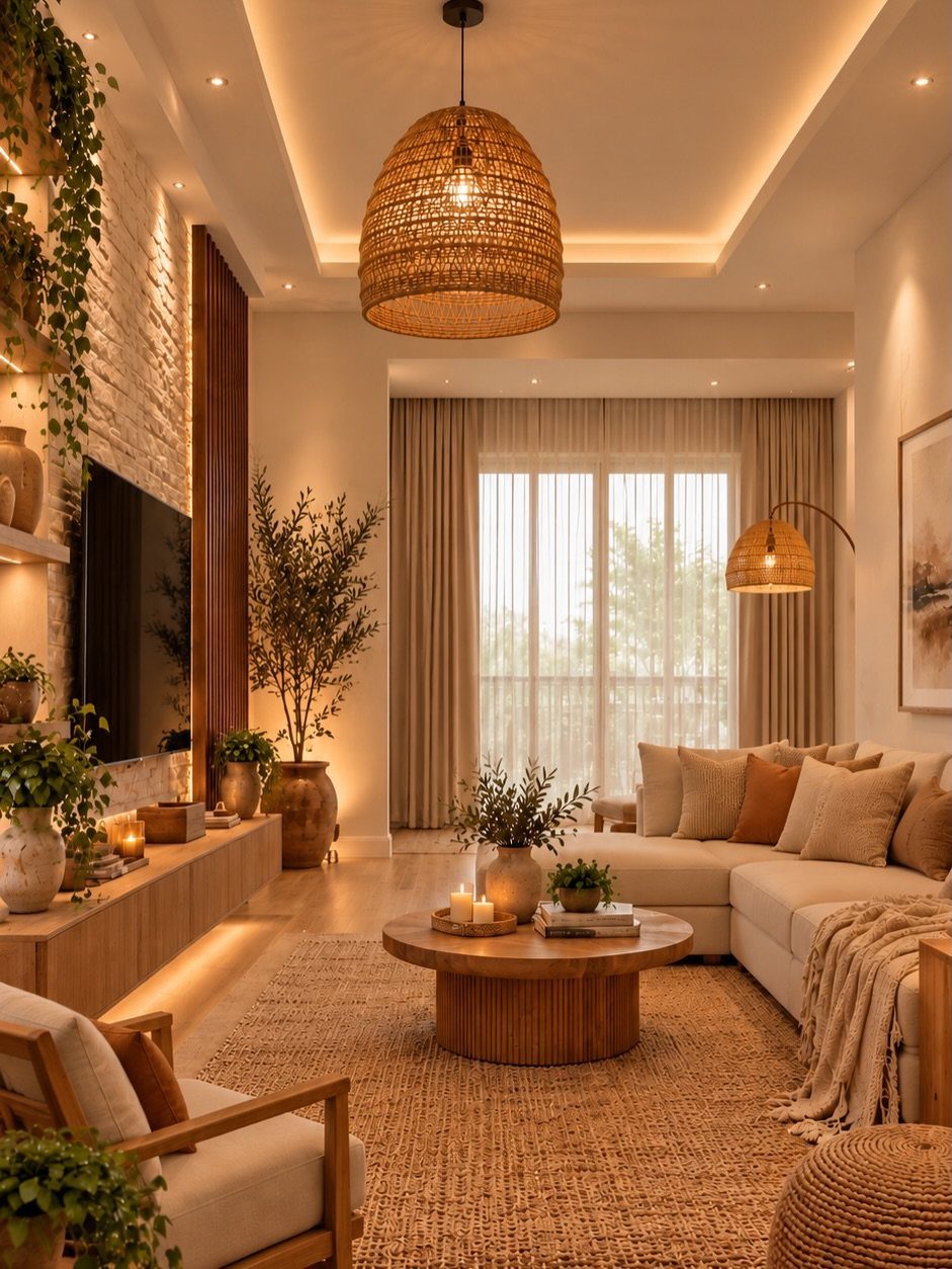 Beige living room with wooden furniture, woven lighting, and a natural jute rug.