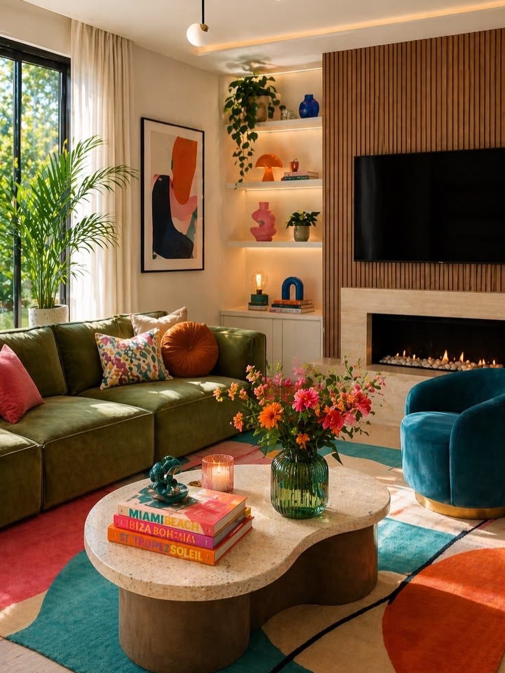 Colorful modern living room with green sofa, blue chair, and abstract patterned rug.