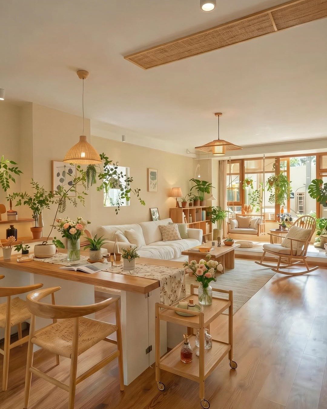 Modern living room with white sofa, light wood furniture, and many indoor plants.