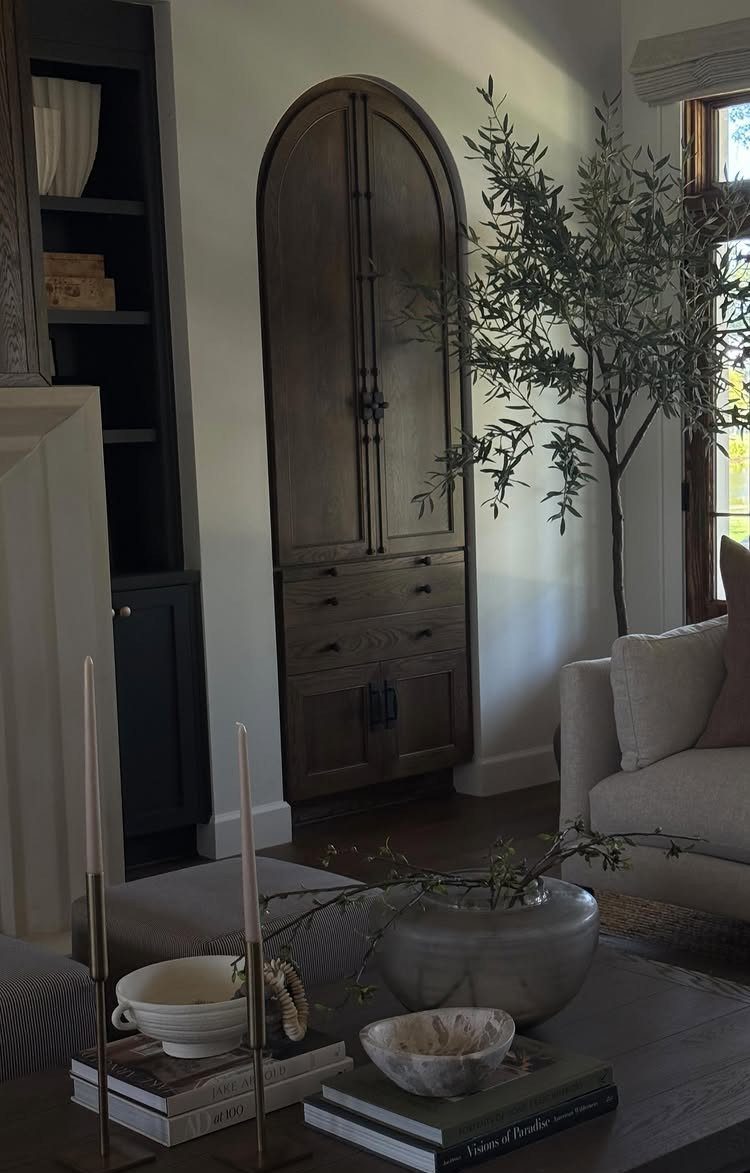 Modern living room with an arched wooden armoire, white sofa, and olive tree.