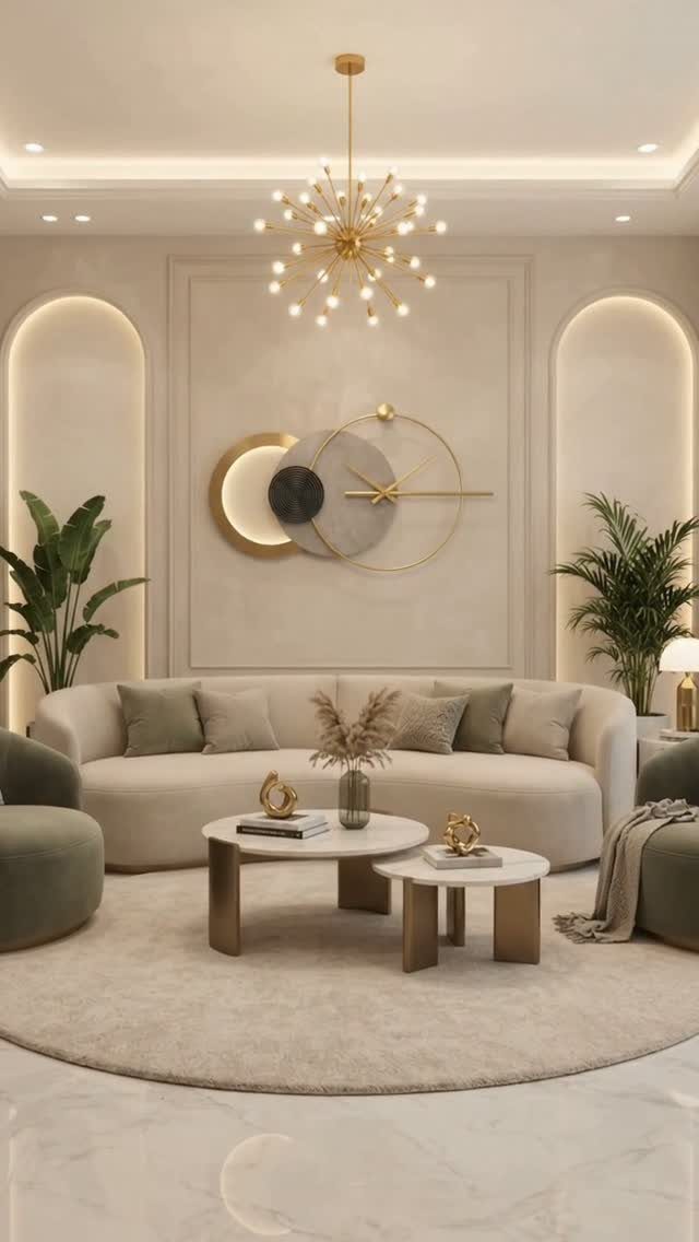 Curved beige sofa and round coffee tables in a modern living room with mouldings.