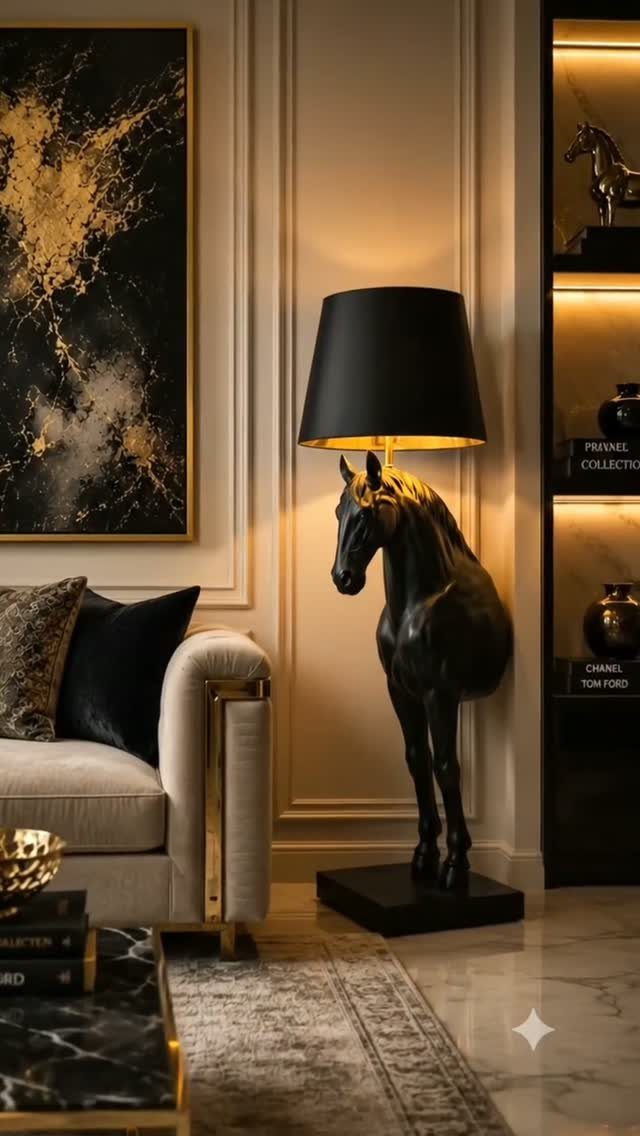 Horse-shaped floor lamp with black shade illuminating a modern luxury living room interior.