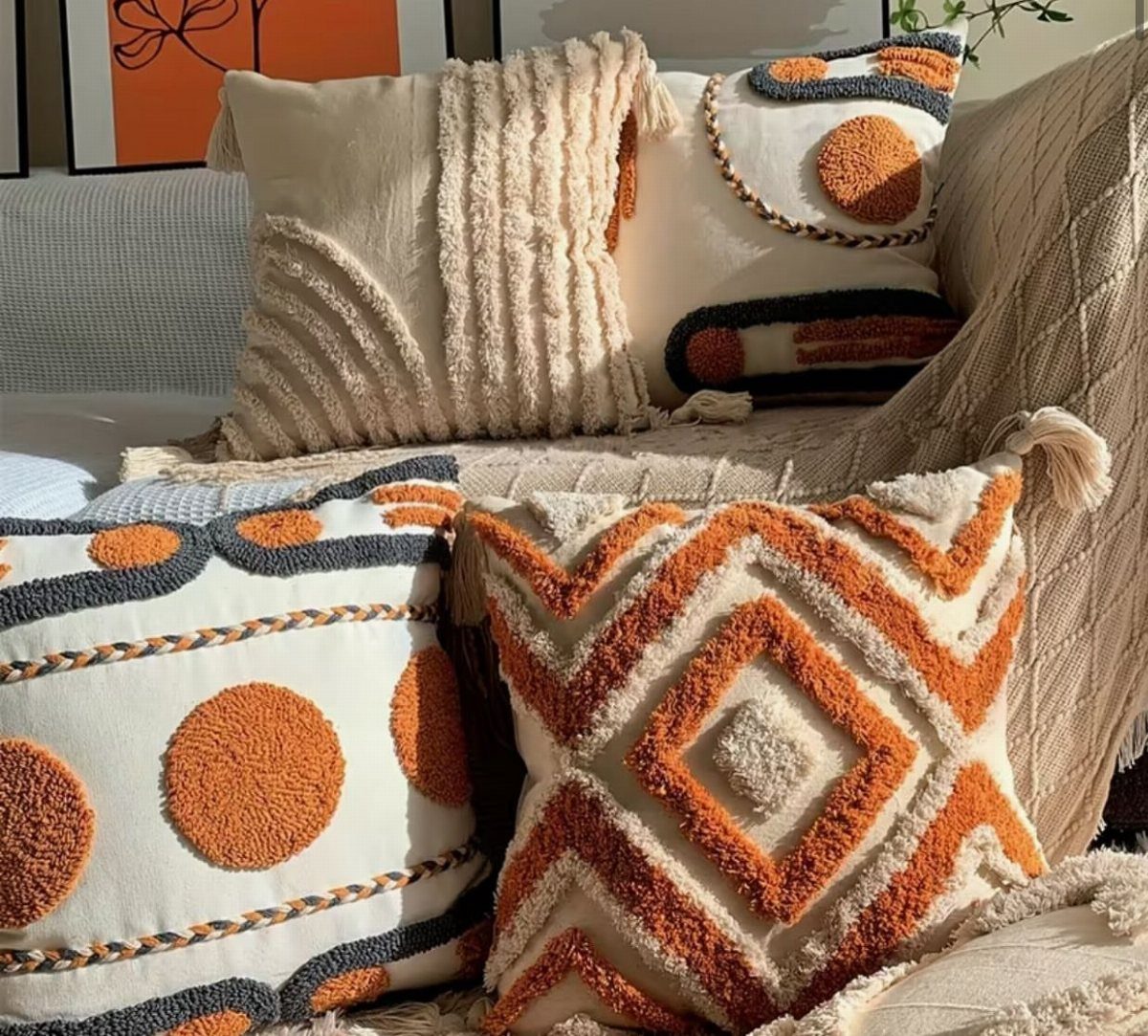 Textured throw pillows in orange and cream with geometric patterns on a sofa