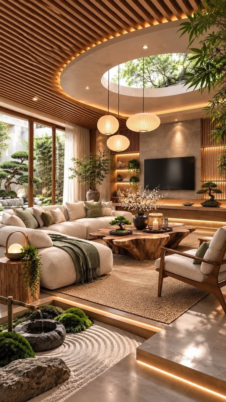 Natural wood slab coffee table in a modern living room with Zen decor.