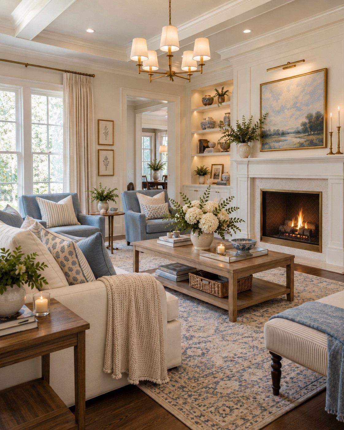 Bright living room with white walls, blue armchairs, and a wooden coffee table.