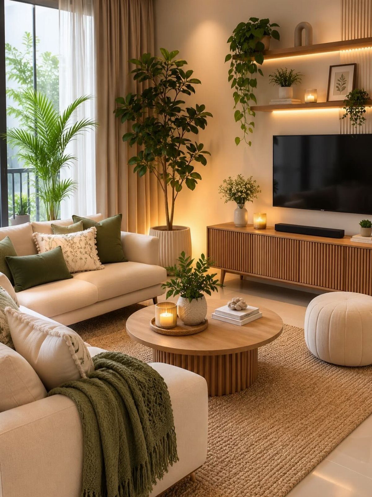 Bright living room with cream sofas, wooden furniture, and lush green indoor plants.
