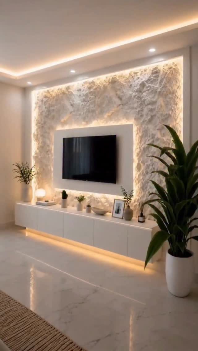 Modern living room with textured stone wall and warm layered LED accent lighting.