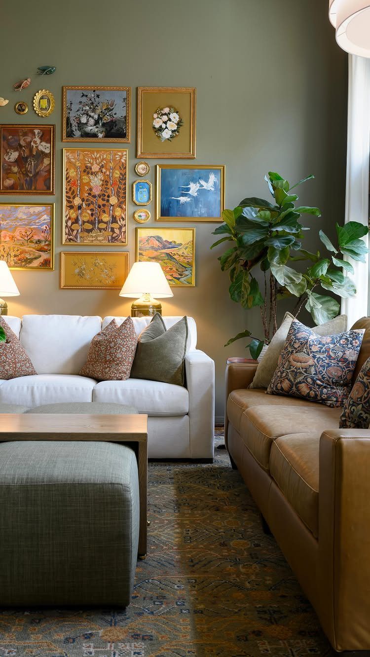 Living room with white and leather sofas, gallery wall, and large potted plant.