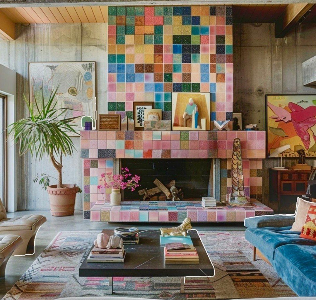 Multi-colored tiled fireplace surround in a modern living room with a blue sofa.