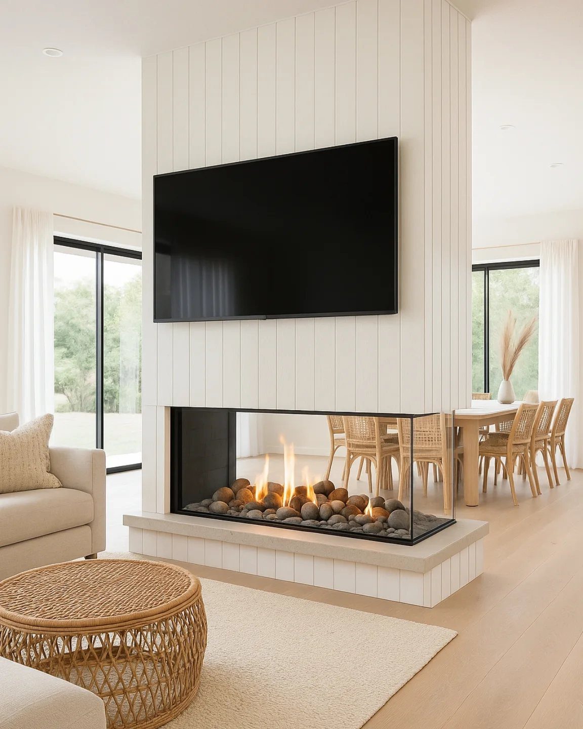 Double-sided glass fireplace with flames dividing a modern living room and dining area.