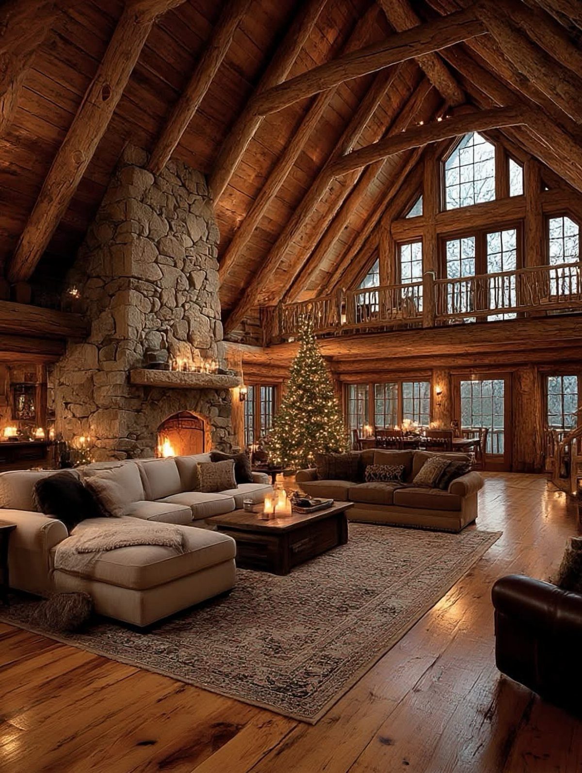 Full-height stone fireplace wall in a rustic living room with vaulted wooden ceilings.