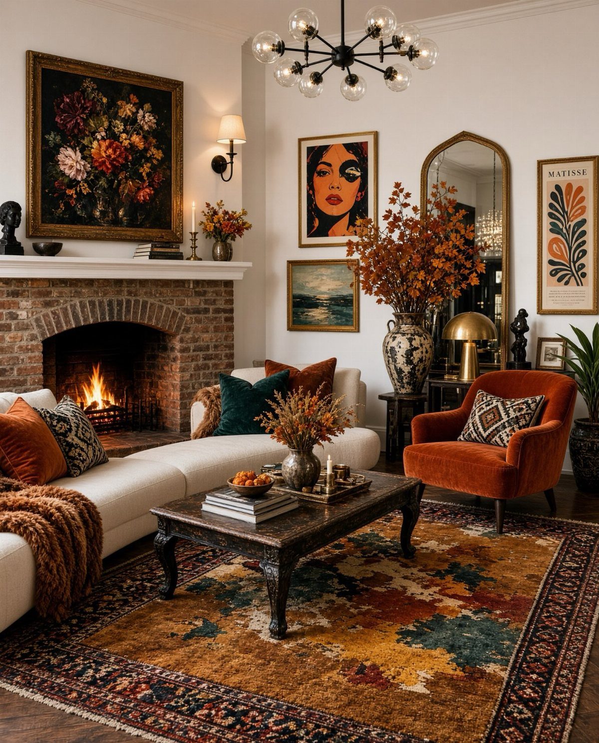 Brick fireplace with a gallery wall of paintings in a cozy living room.
