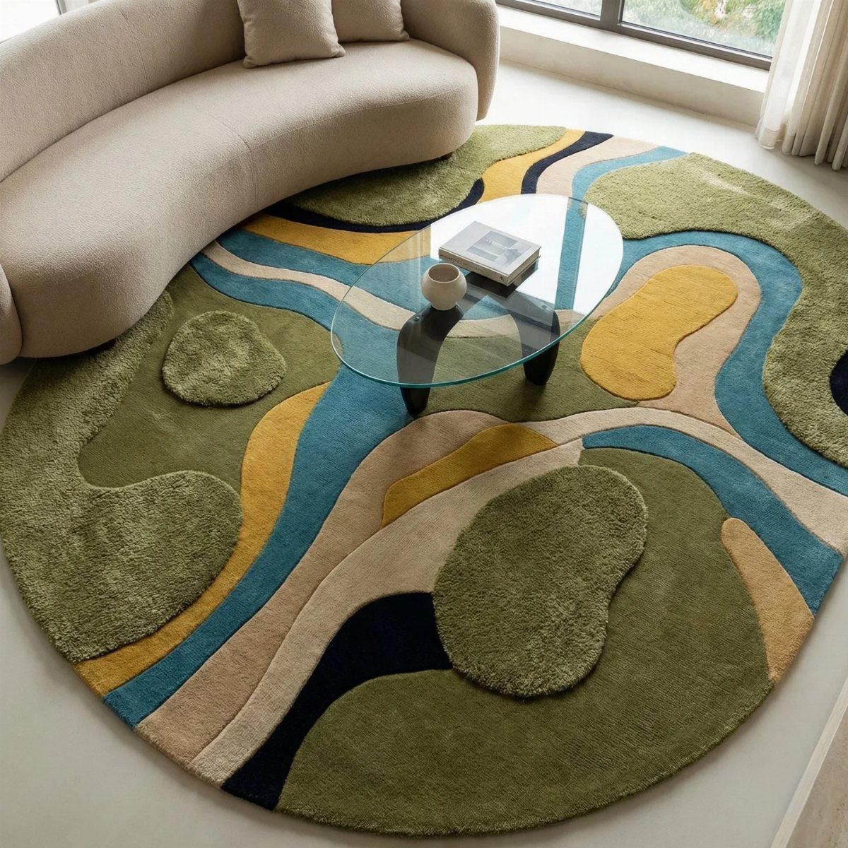 Round abstract green rug with organic shapes in a modern living room