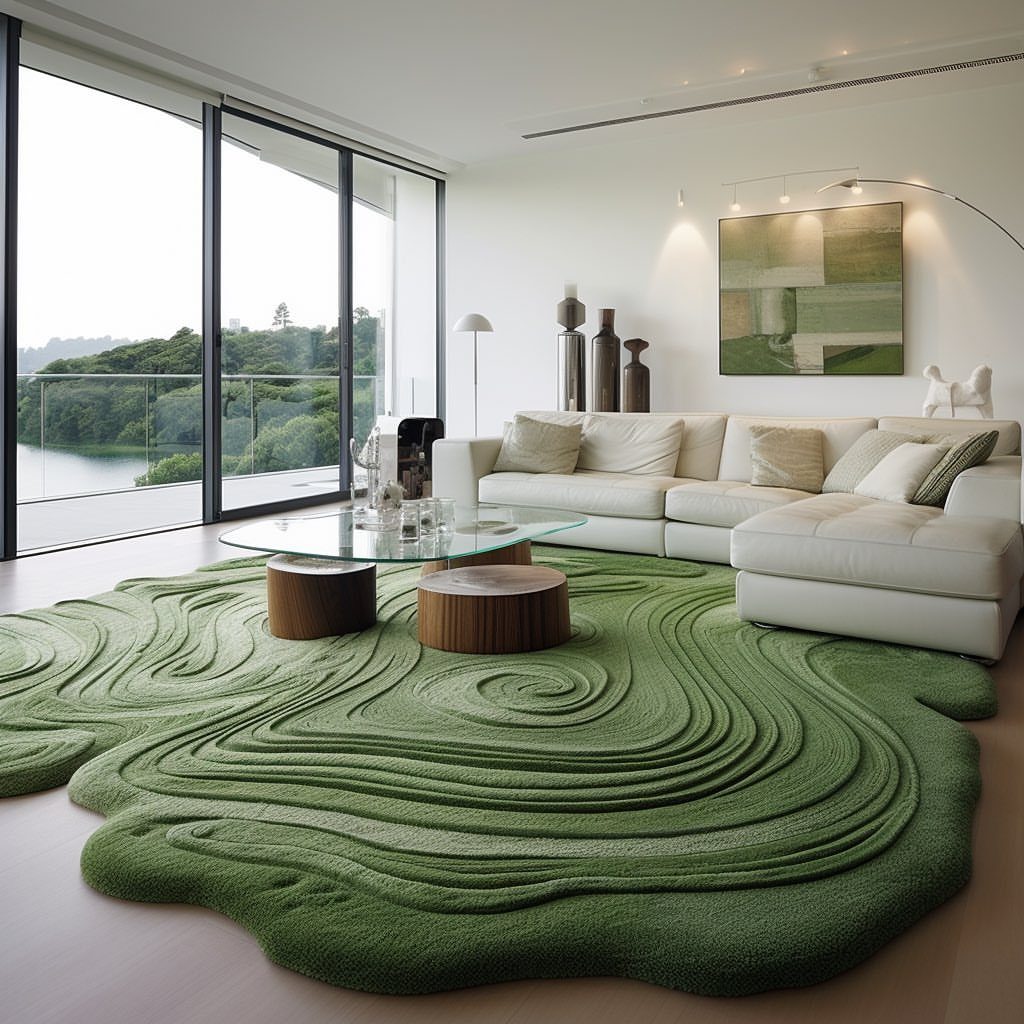 Organic green rug with carved swirls in a modern living room overlooking nature.