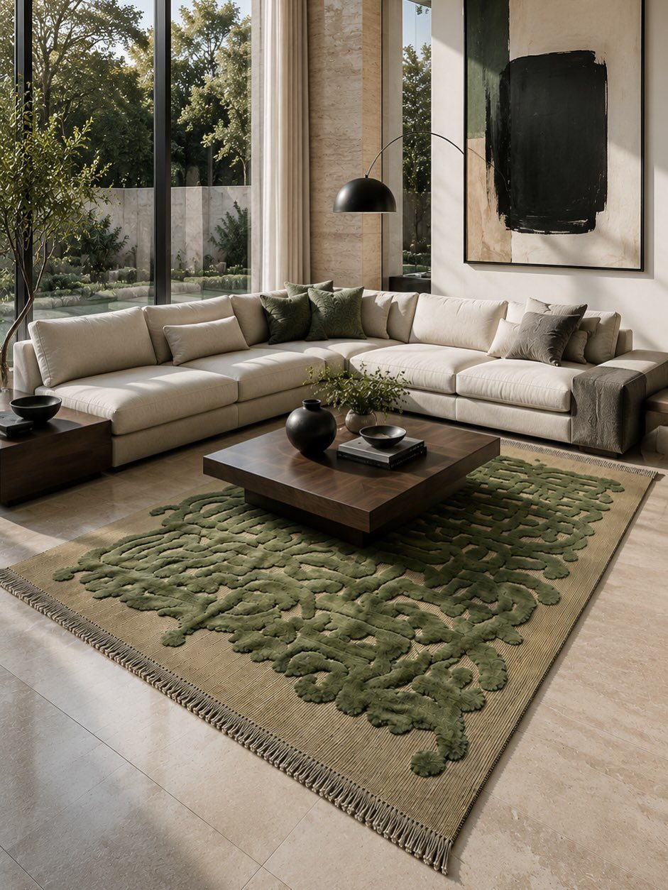 Olive green textured rug with organic patterns in a modern living room setting