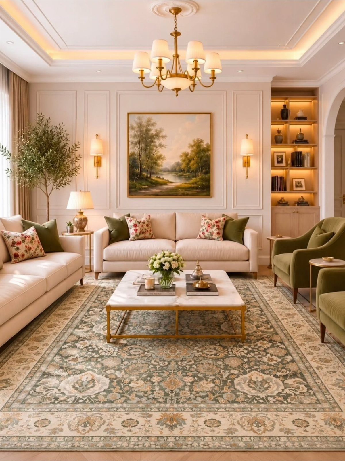 Large green and beige patterned area rug in a classic white living room