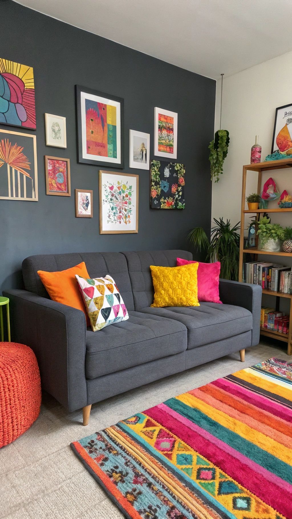 Grey sofa with colorful pillows and a vibrant striped rug in a living room
