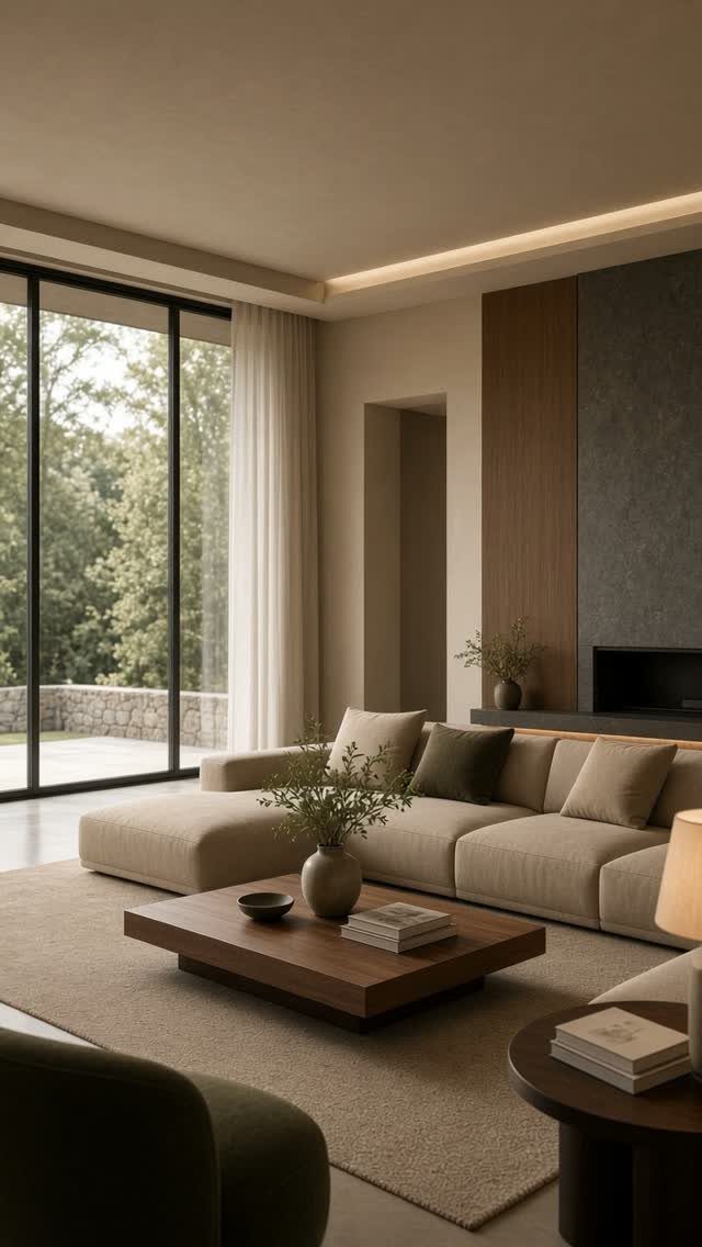 Modern living room with beige sectional sofa, wooden coffee table, and large windows.