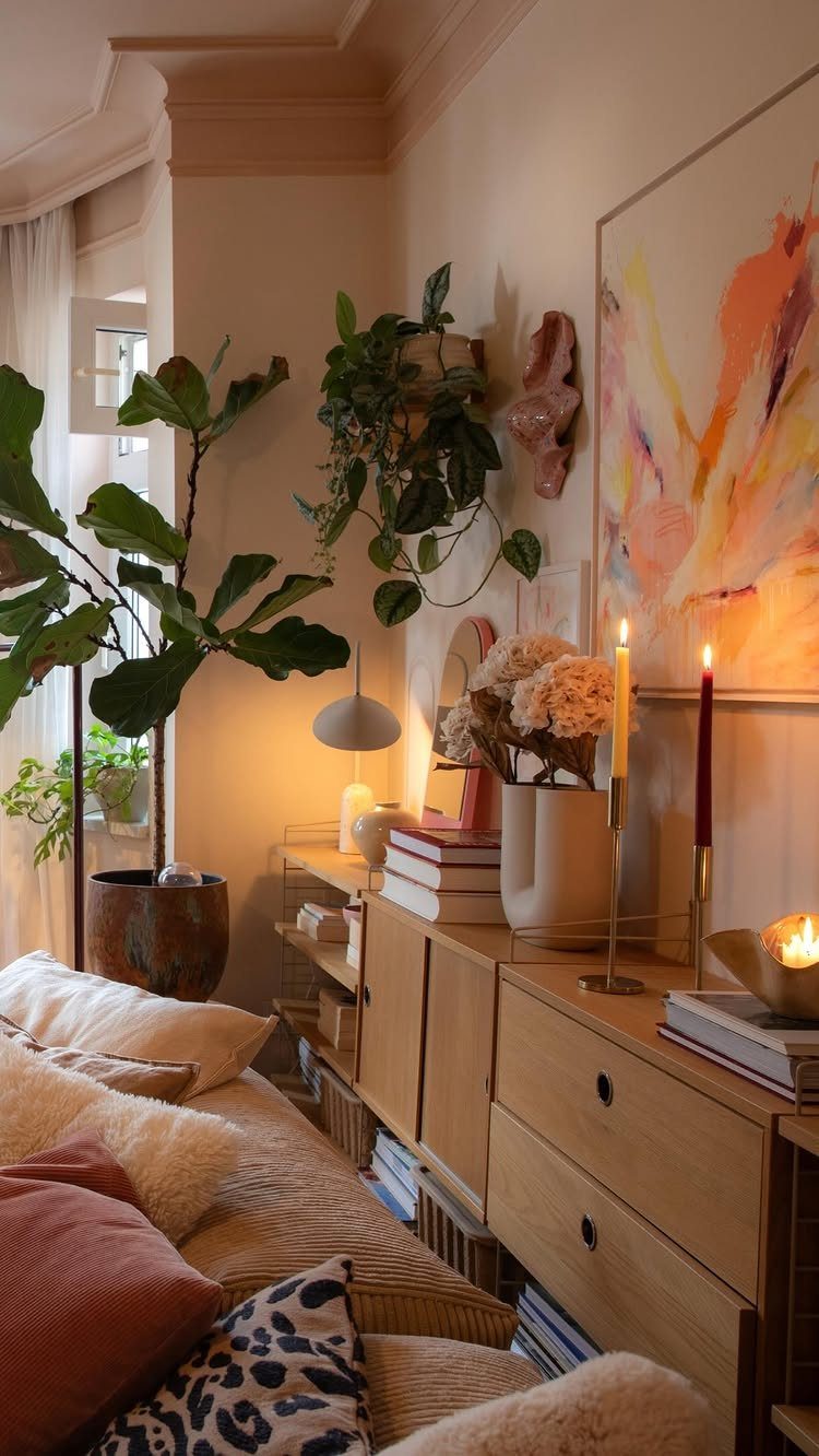 Sofa with layered textured pillows in white and terracotta beside a wooden sideboard.