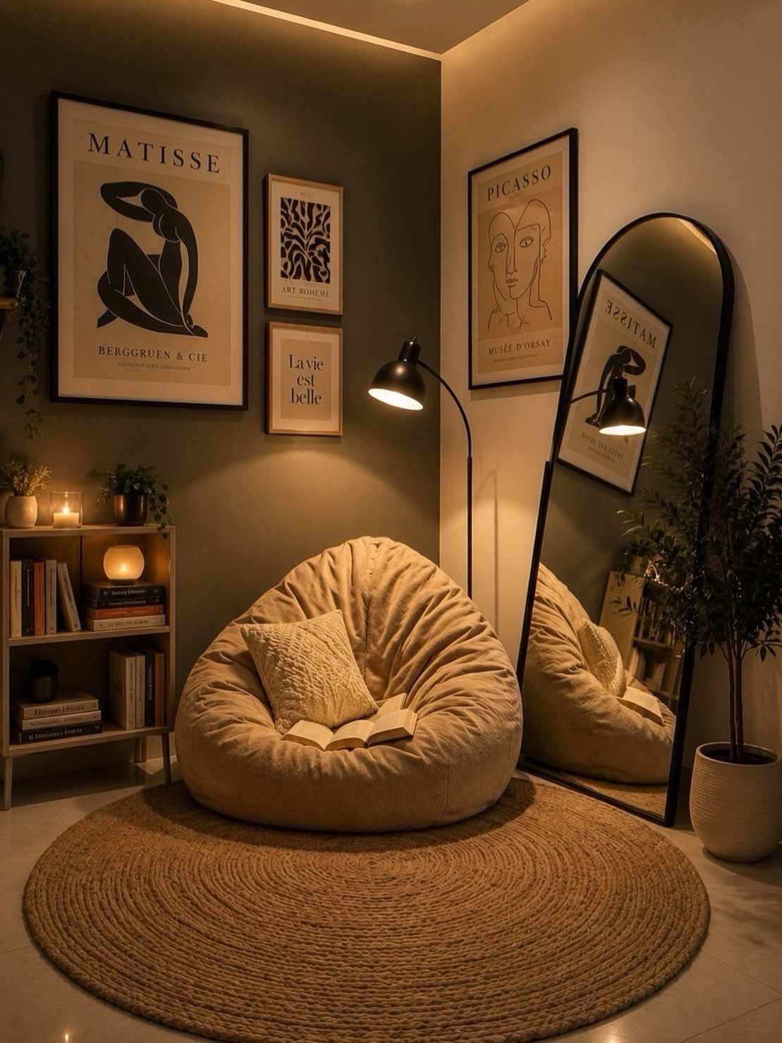 Beige bean bag chair with a book in a cozy, dimly lit reading nook.